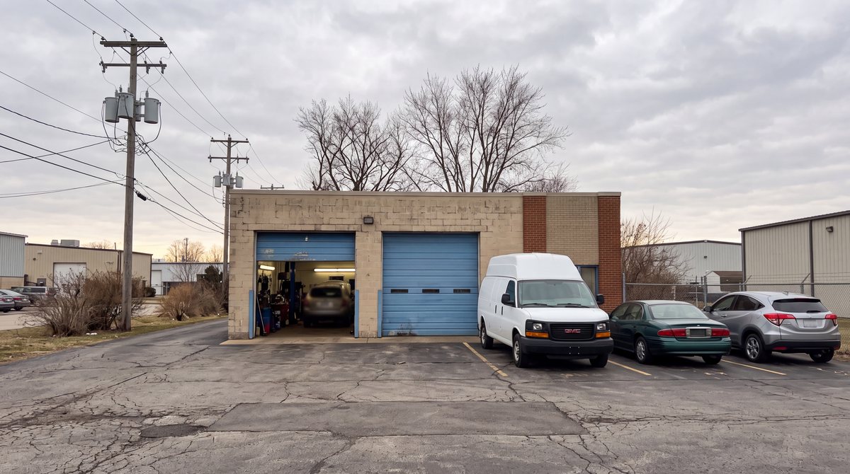 A small independent auto repair shop with two service bay doors and a white cargo van parked out front