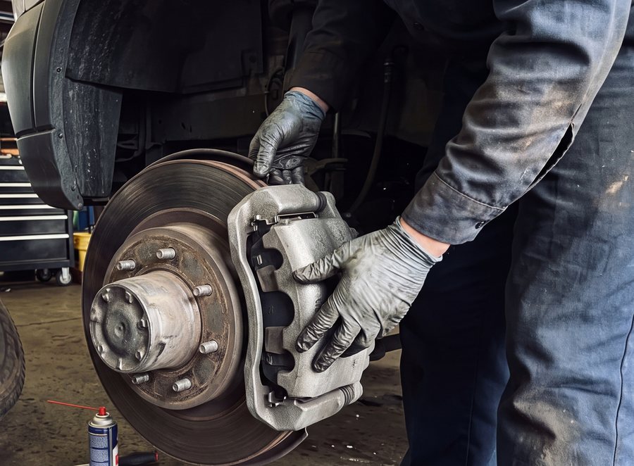 Gloved hands fitting a new brake pad to the heavy-duty brake of a commercial van