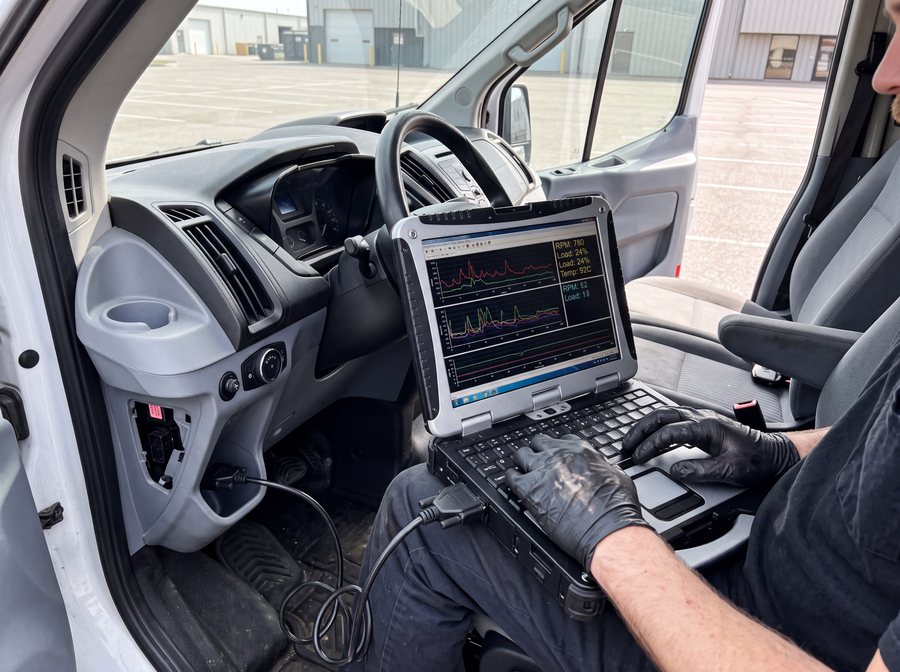 A diagnostic laptop and scan tool plugged into the dashboard port of a cargo van