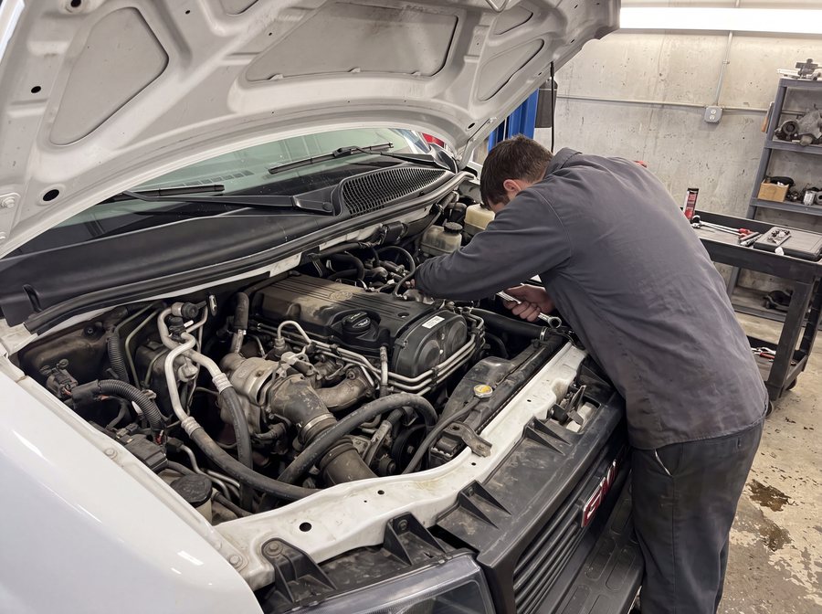 The open engine bay of a diesel cargo van with a mechanic leaning in